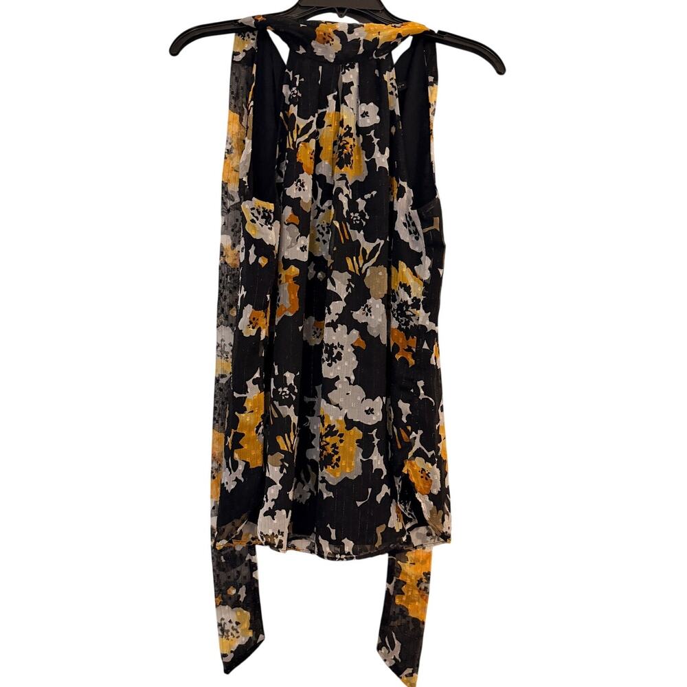 White House Black Market Size 0 Floral Blouse Black Yellow Metallic - Picture 4 of 10